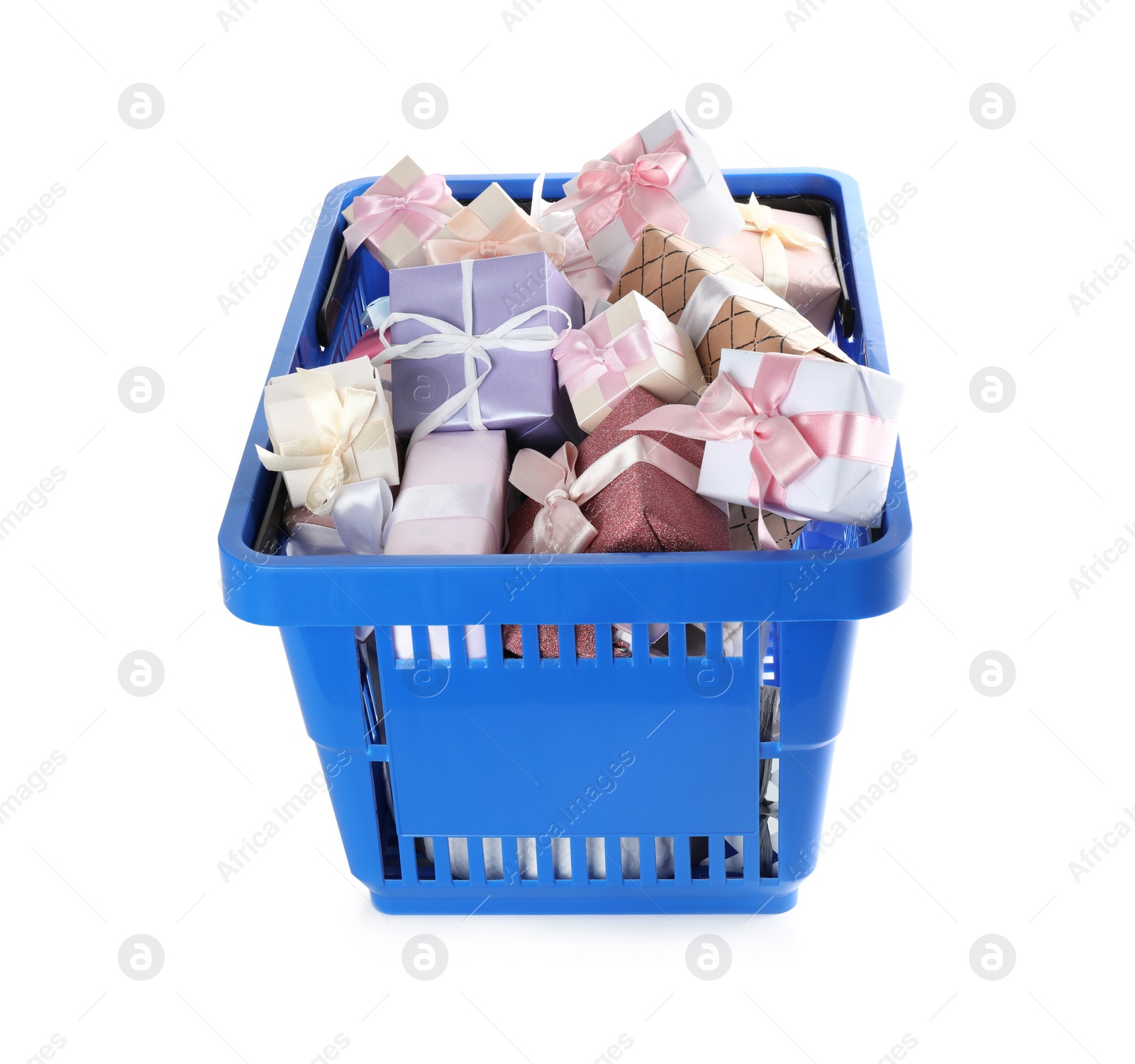 Photo of Blue shopping basket with different gifts on white background