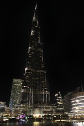 DUBAI, UNITED ARAB EMIRATES - NOVEMBER 04, 2018: Night cityscape with world tallest building Burj Khalifa