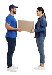 Smiling courier giving parcel to receiver on white background