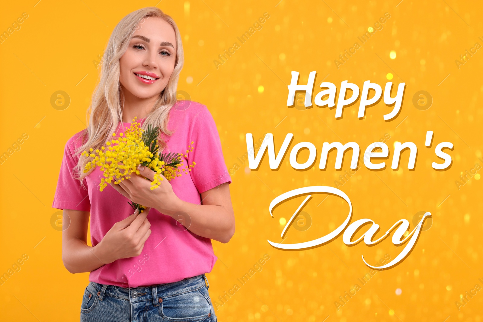 Image of Happy Women's Day - March 8. Attractive lady with mimosa flowers on orange background