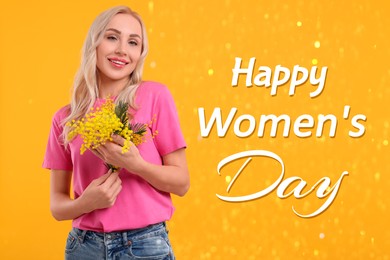 Happy Women's Day - March 8. Attractive lady with mimosa flowers on orange background