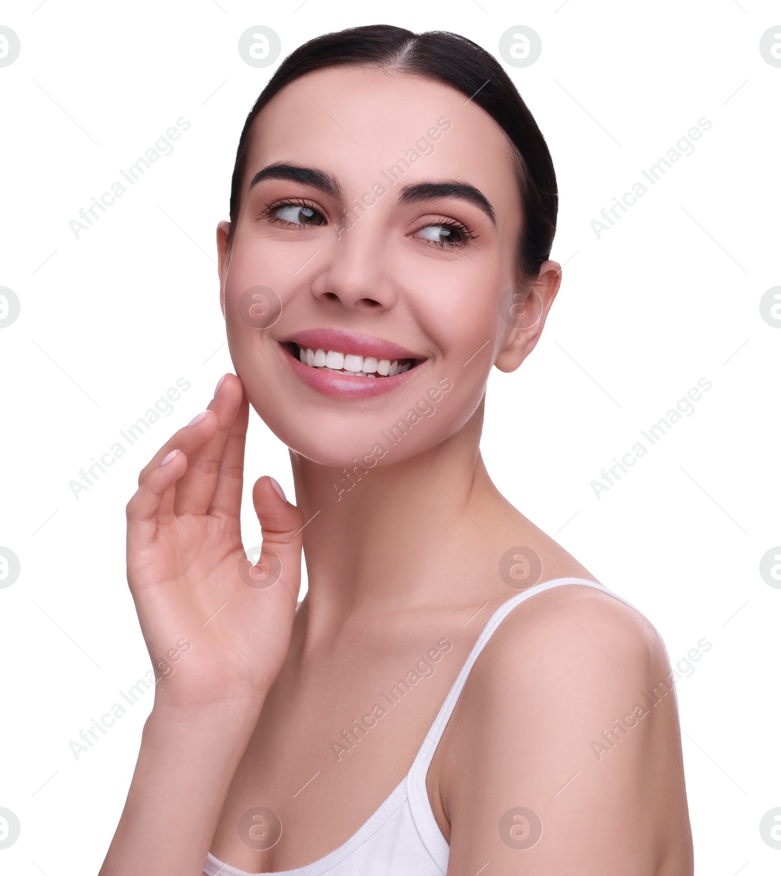 Photo of Beautiful woman with healthy skin on white background. Body Care