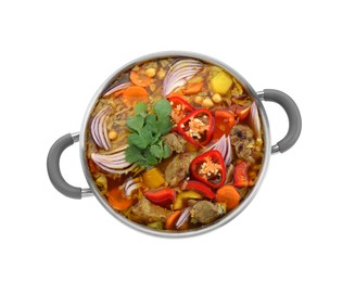 Photo of Saucepan of delicious vegetable soup with beef isolated on white, top view