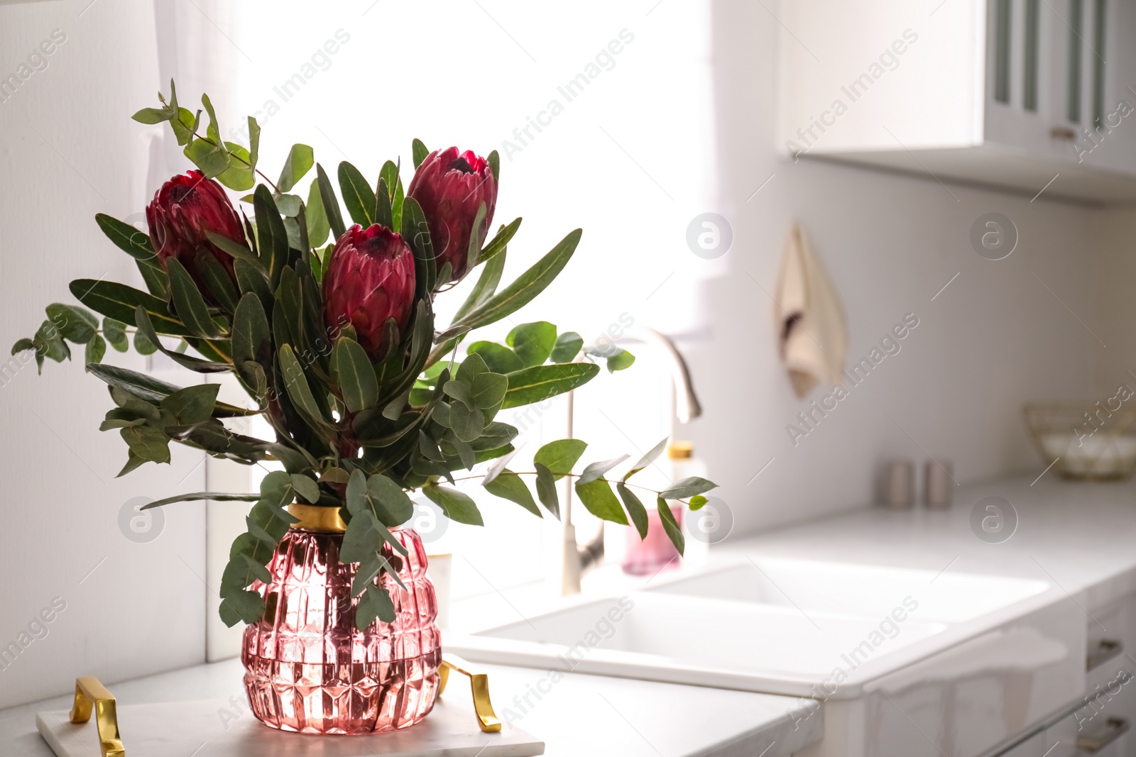 Photo of Bouquet with beautiful protea flowers on countertop in kitchen, space for text. Interior design