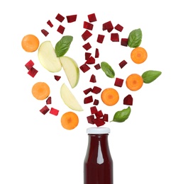 Photo of Glass bottle of fresh juice and ingredients on white background, top view