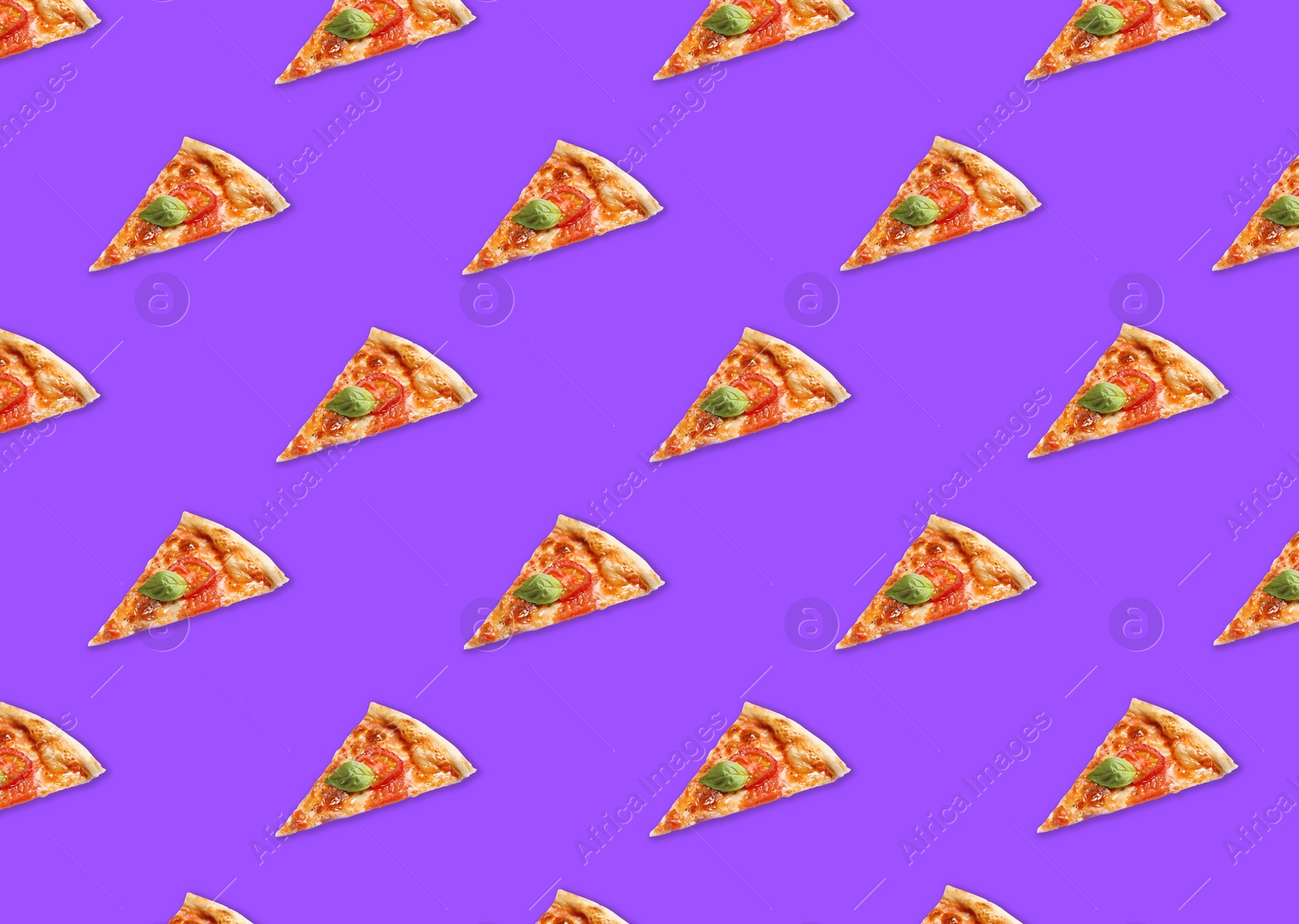 Image of Slices of delicious Margherita pizzas on violet background. Seamless pattern design