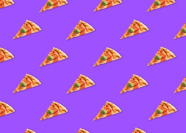 Image of Slices of delicious Margherita pizzas on violet background. Seamless pattern design