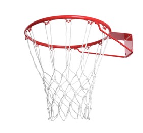Photo of Modern red basketball hoop with net on white background