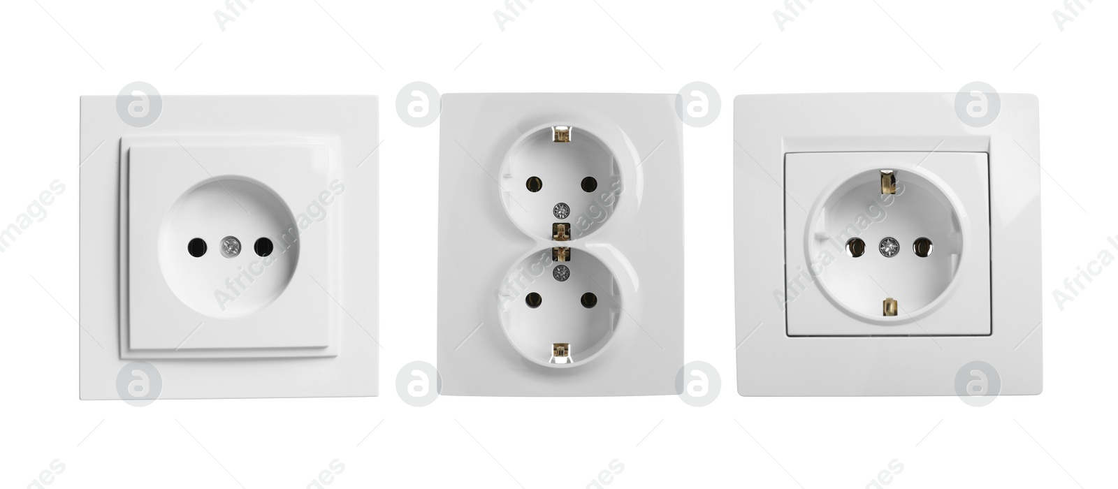 Image of Set with plastic power sockets on white background. Banner design