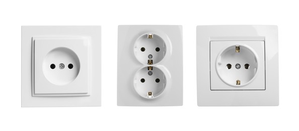 Set with plastic power sockets on white background. Banner design