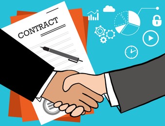 Illustration of Government contract. Businesspeople shaking hands, signed document and icons on light blue background, illustration