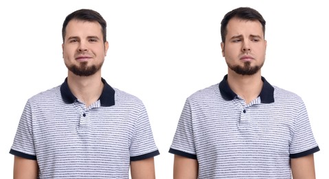 Image of Man showing different emotions on white background, collage