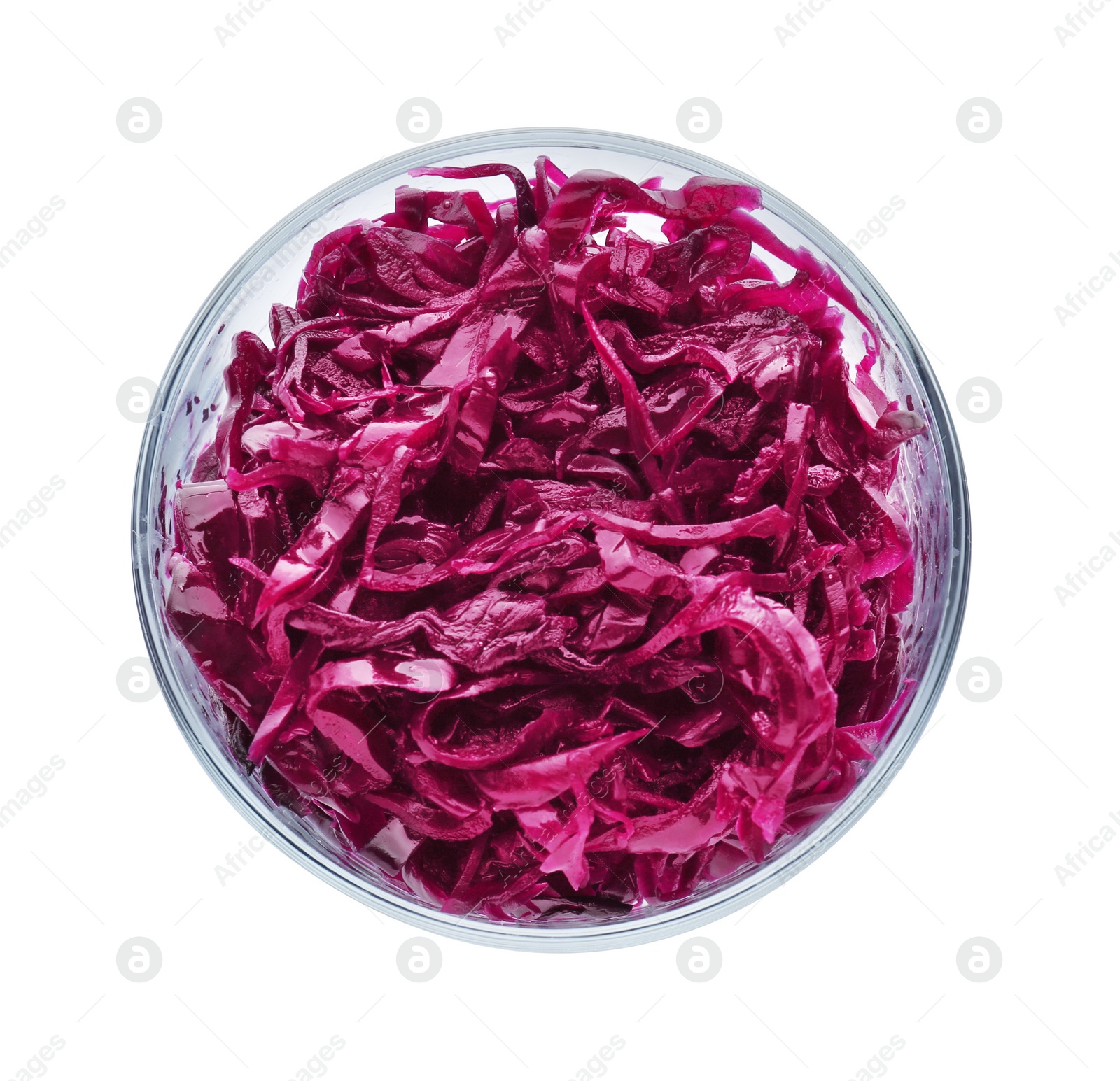 Photo of Bowl with tasty red cabbage sauerkraut isolated on white, top view