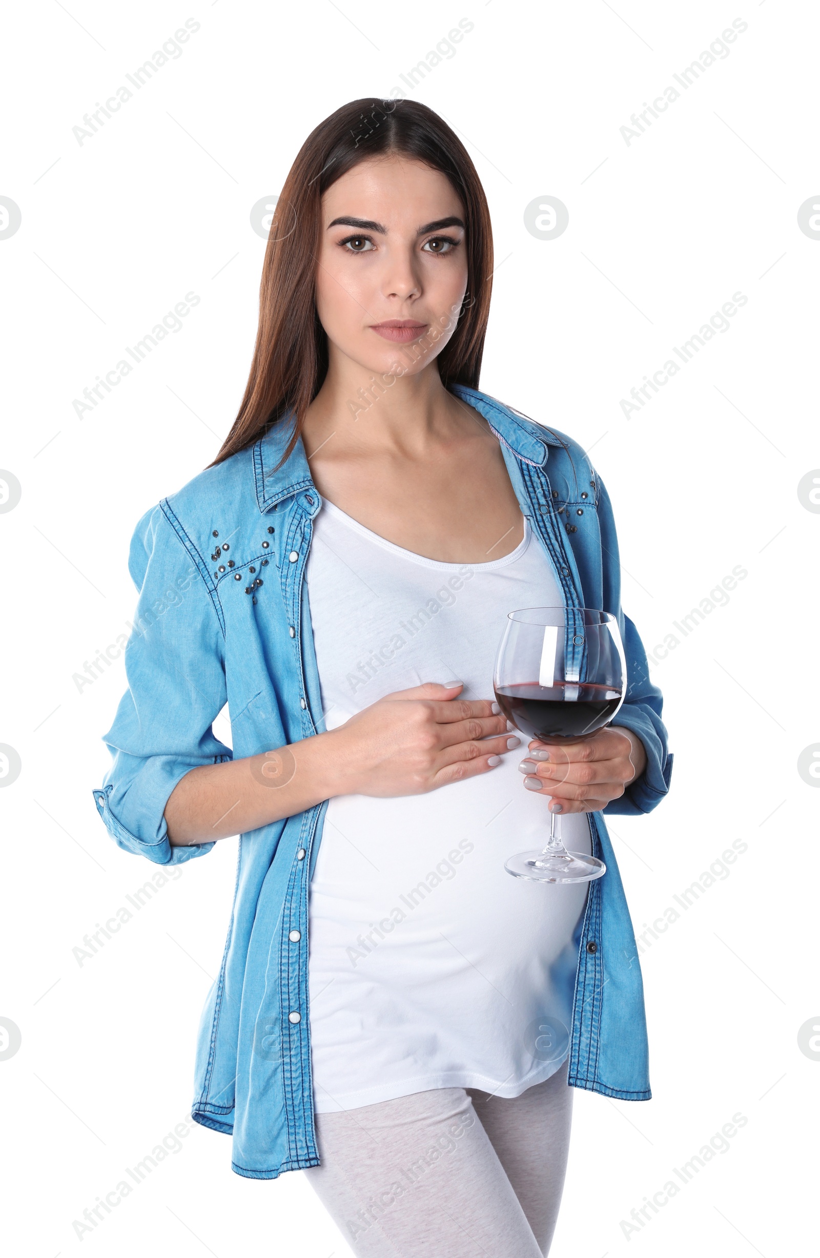 Photo of Future mother with glass of wine on white background. Alcohol abuse during pregnancy