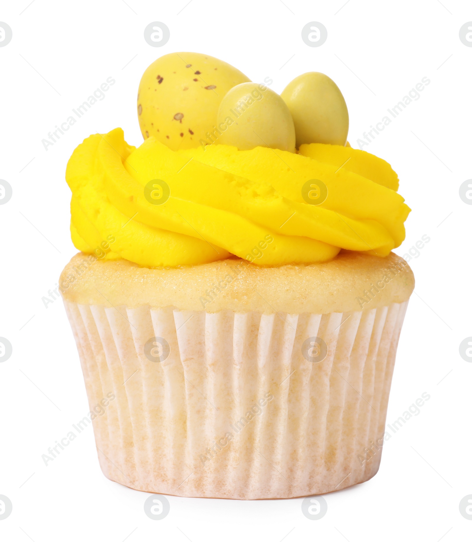 Photo of Tasty decorated Easter cupcake isolated on white