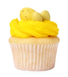 Photo of Tasty decorated Easter cupcake isolated on white