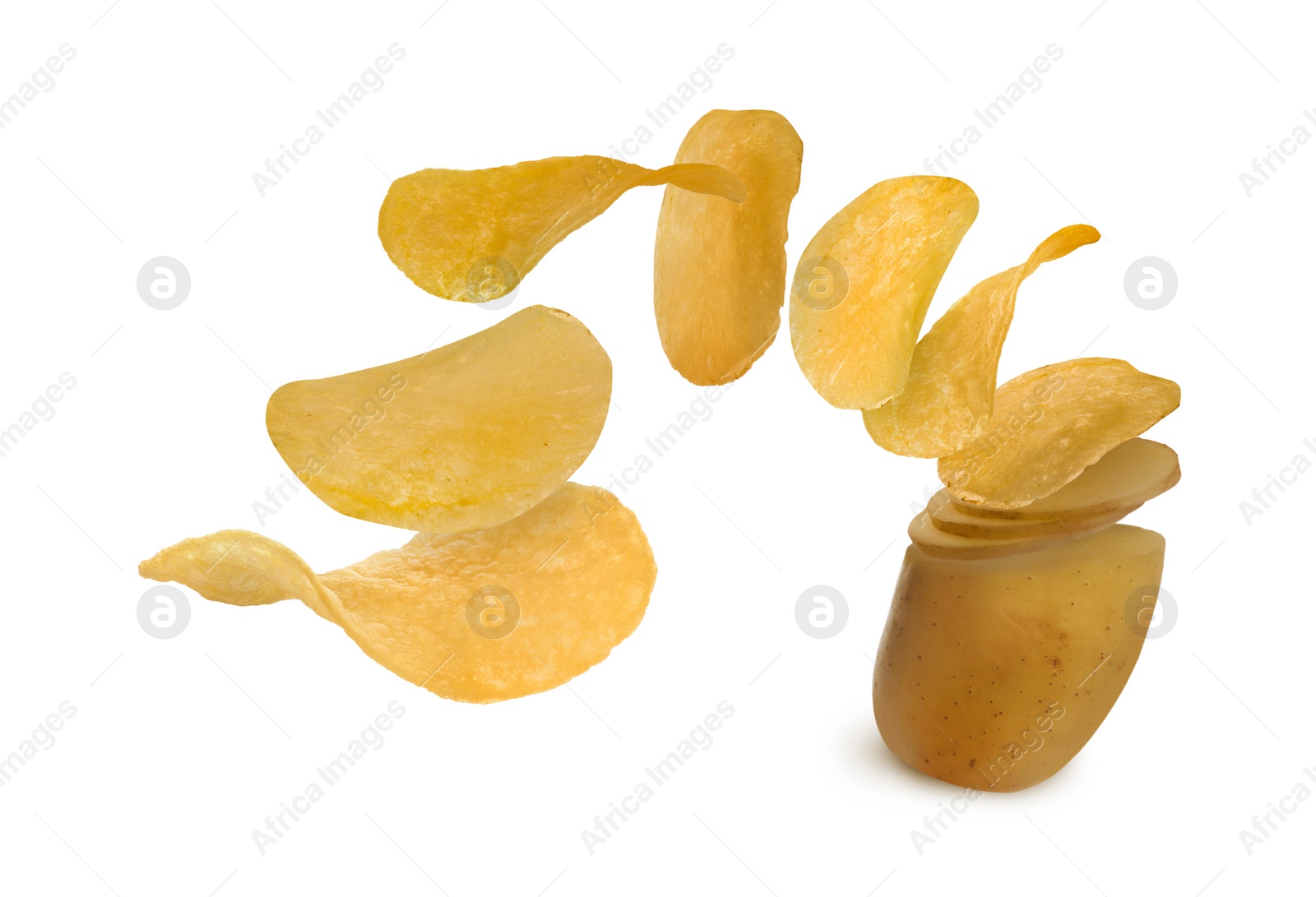 Image of Raw potato turning into tasty crispy chips on white background