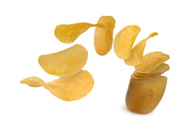 Image of Raw potato turning into tasty crispy chips on white background