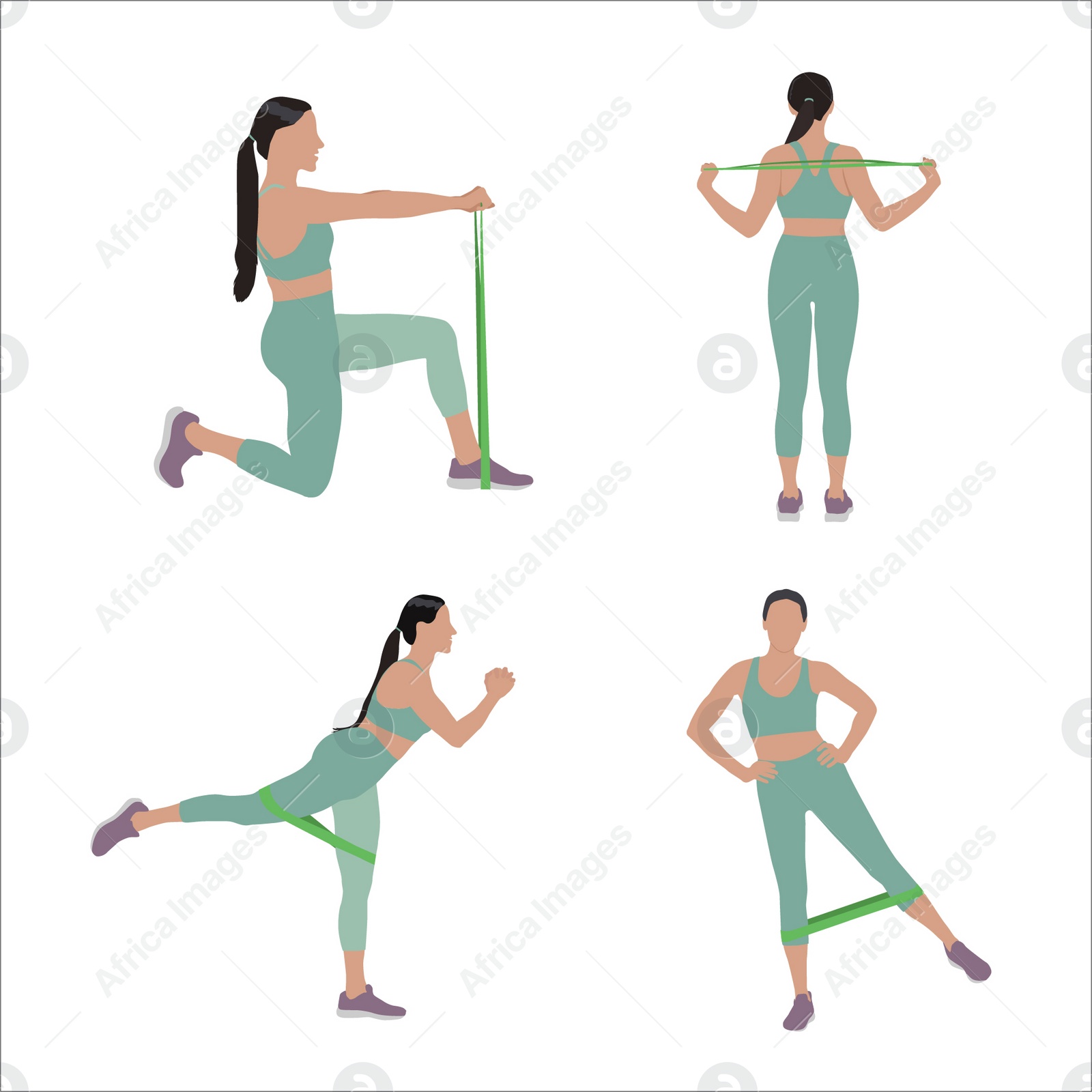 Illustration of Woman doing exercises with fitness elastic band on white background, collage