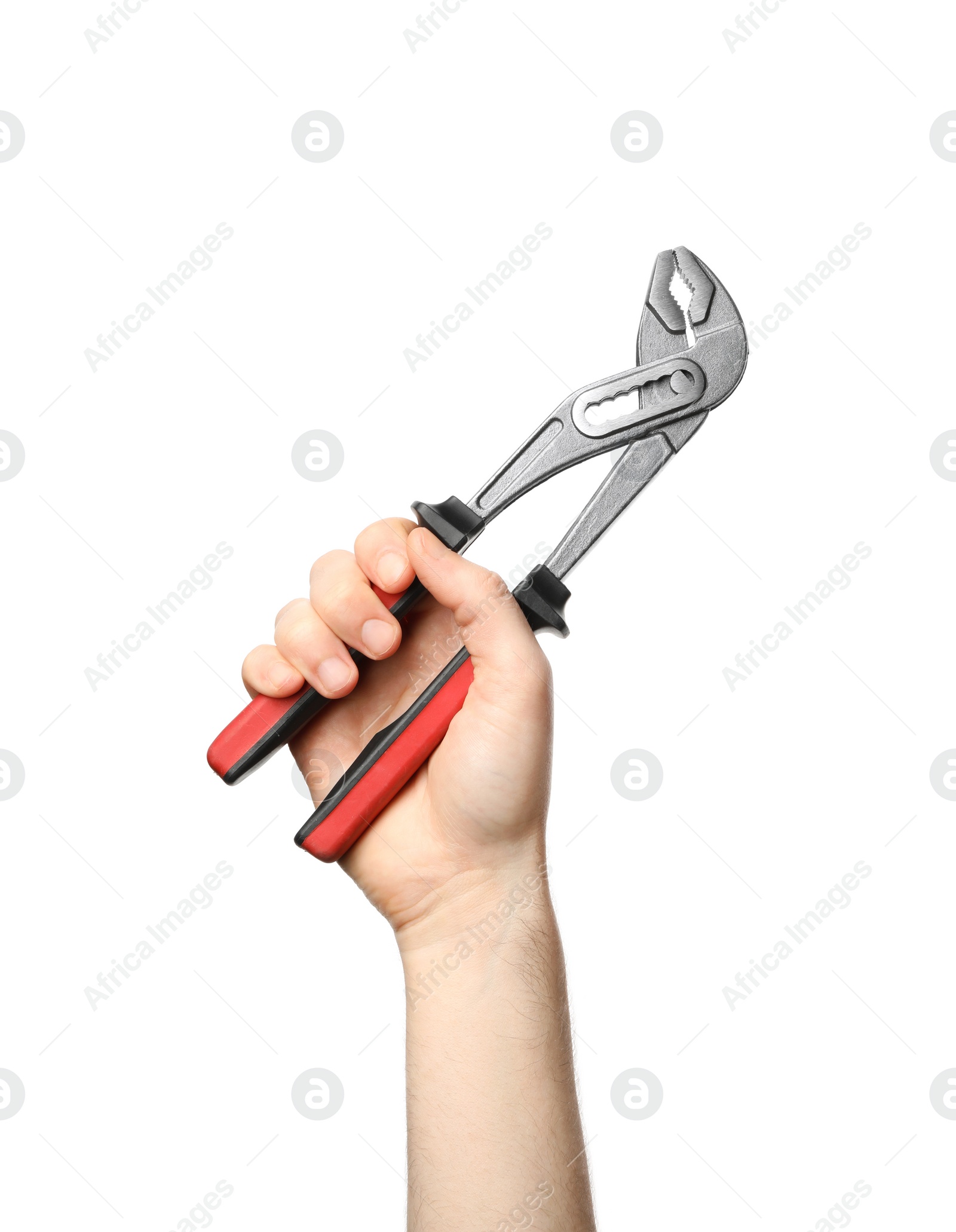 Photo of Man holding adjustable pliers isolated on white, closeup