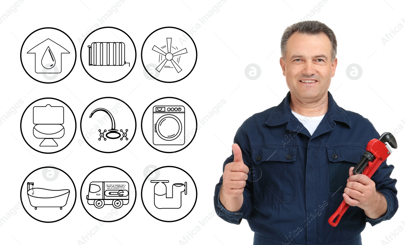 Image of Sanitary engineering service. Professional plumber with pipe wrench on white background