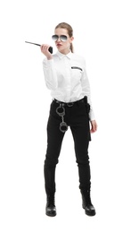 Photo of Female security guard using portable radio transmitter on white background