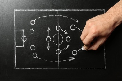 Man drawing football game scheme on chalkboard, top view