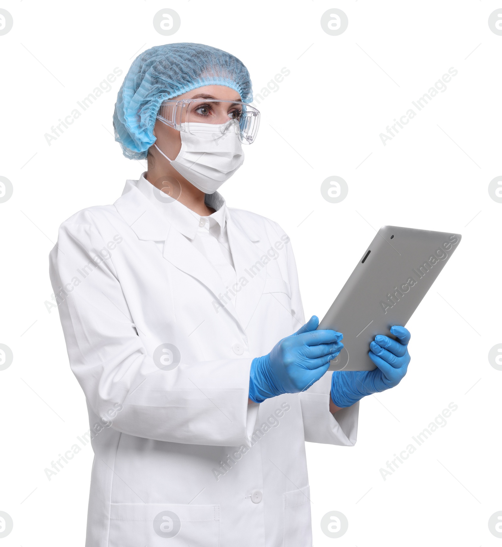 Photo of Quality control. Food inspector with tablet on white background