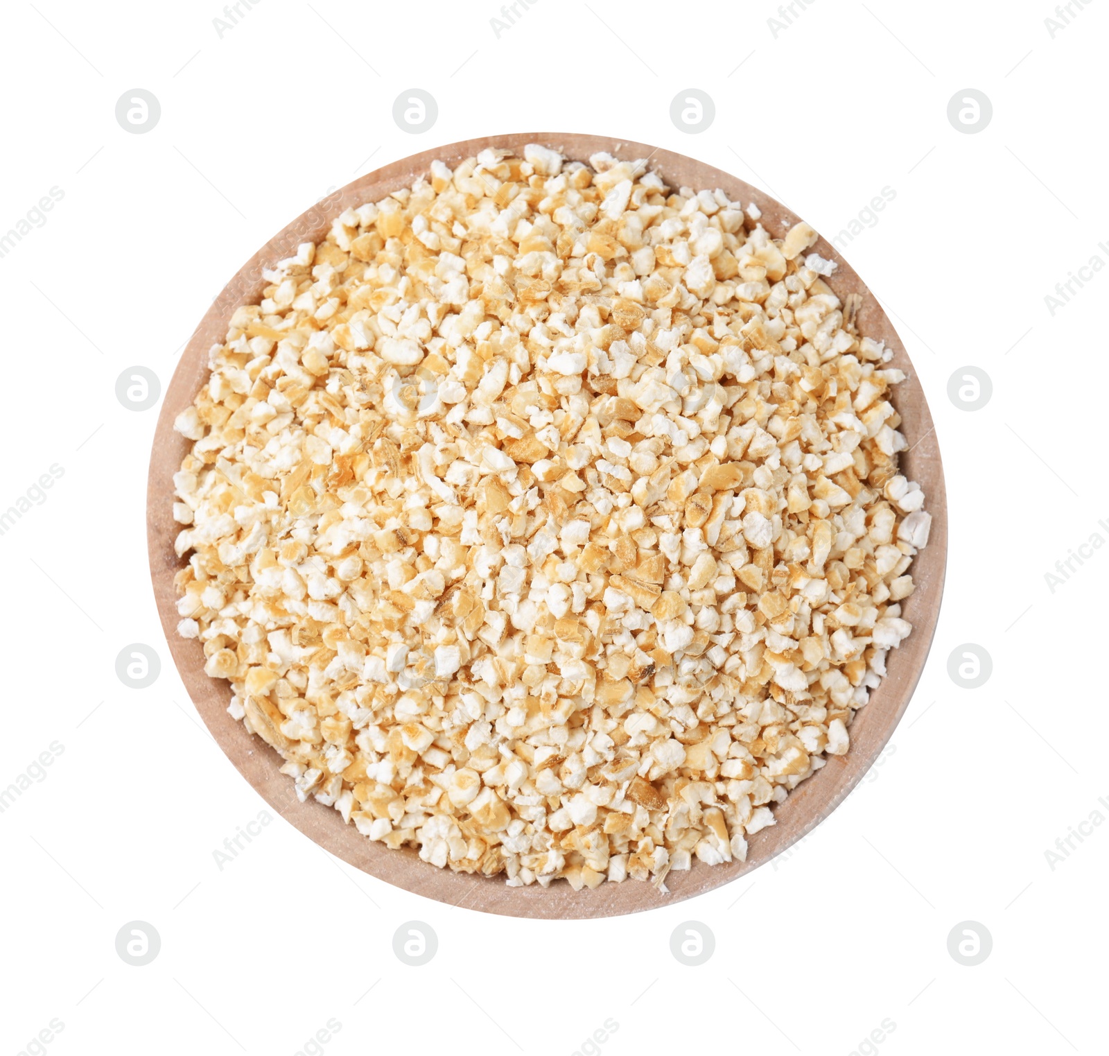 Photo of Raw barley groats in bowl isolated on white, top view