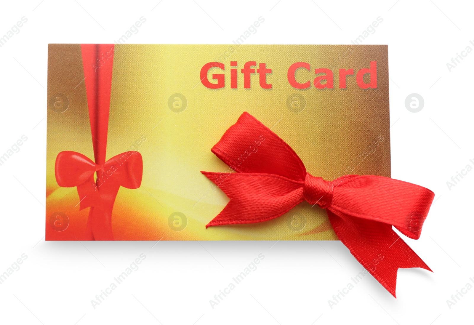 Photo of Gift card with bow isolated on white