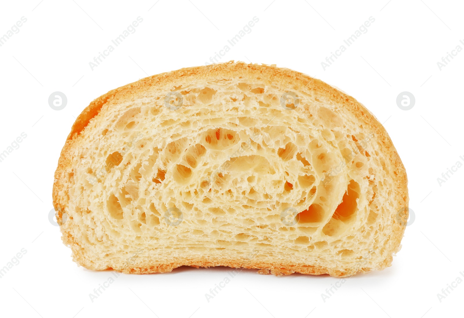 Photo of Delicious cut croissant isolated on white. Fresh pastry