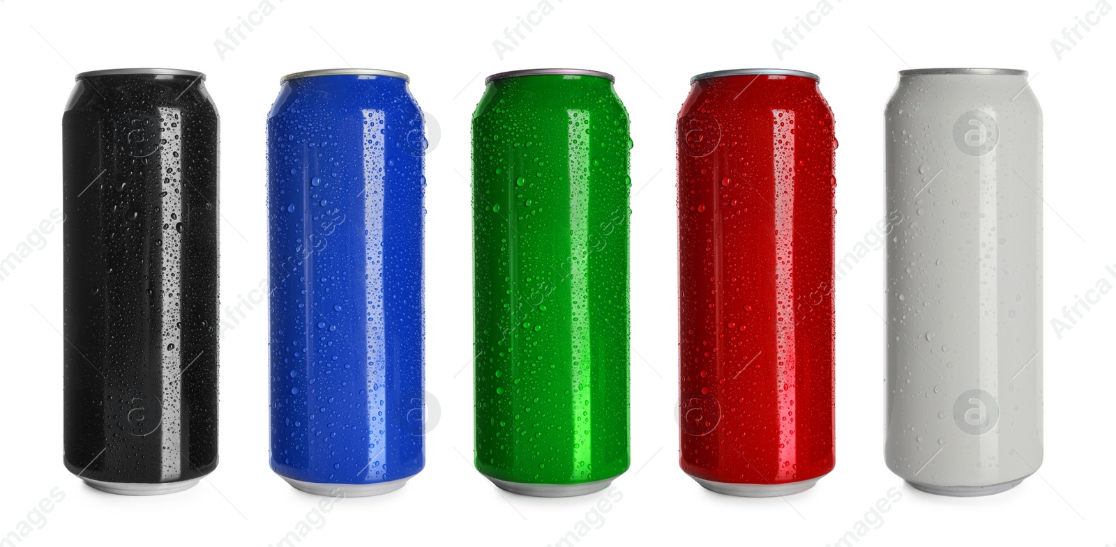 Image of Set with different colorful aluminium cans of beverage on white background. Banner design