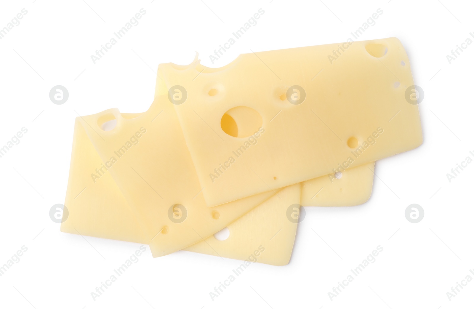 Photo of Slices of tasty fresh cheese isolated on white, top view