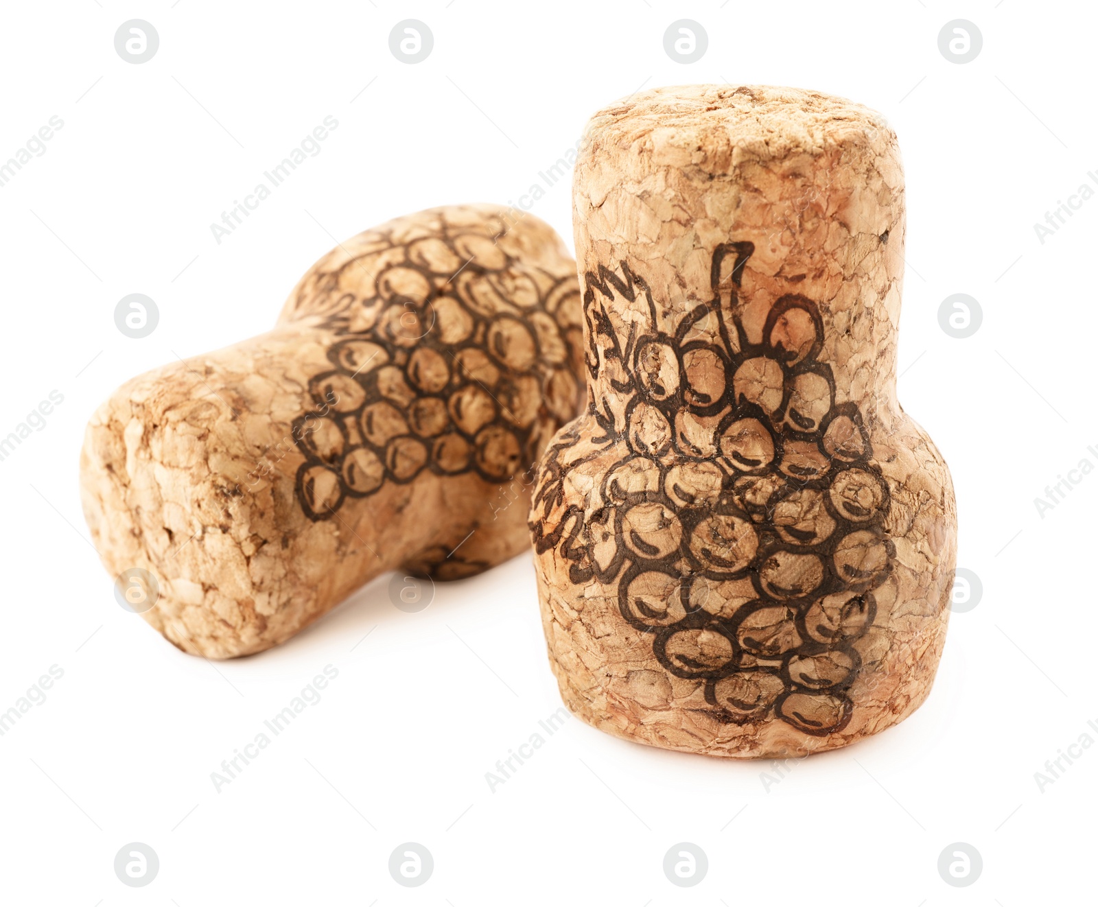 Photo of Two sparkling wine corks with grape images on white background