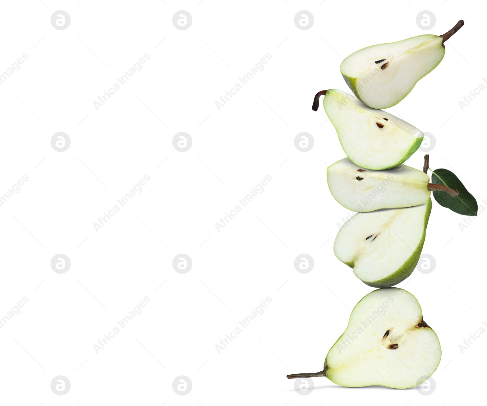 Image of Cut fresh ripe pears on white background