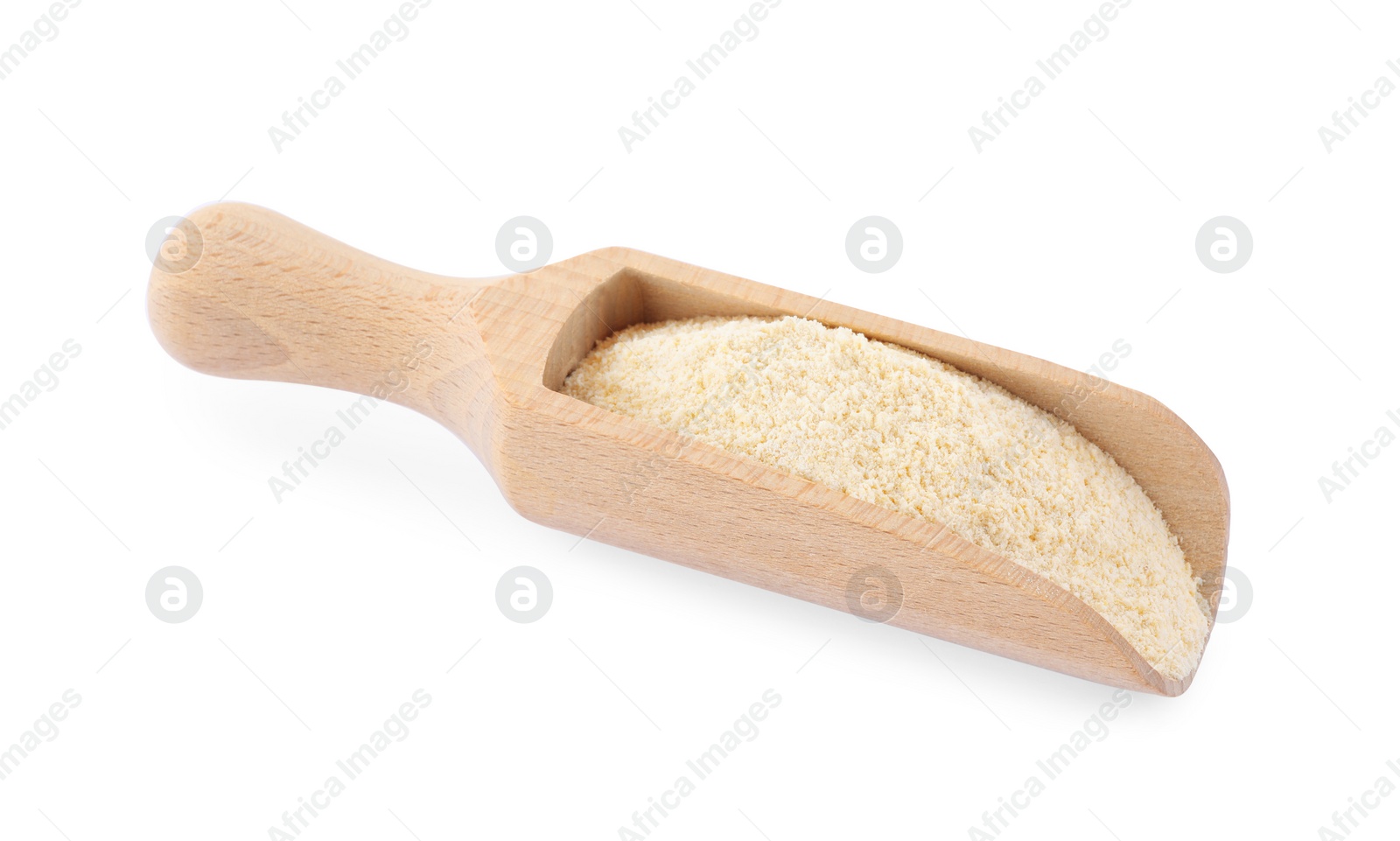 Photo of Wooden scoop with fresh quinoa flour on white background