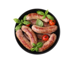 Photo of Bowl with tasty homemade sausages, basil leaves and tomatoes on white background, top view