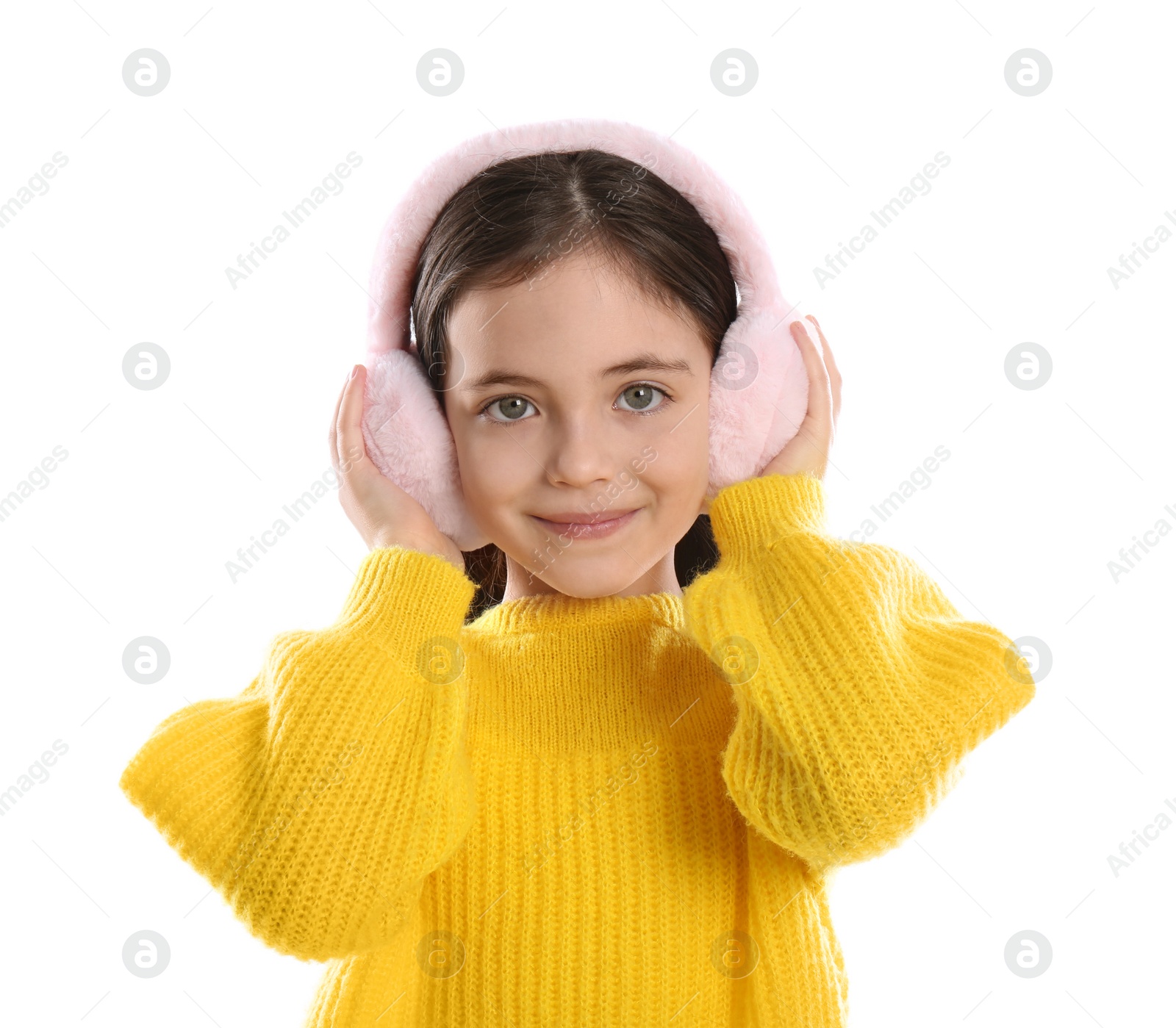 Photo of Cute girl wearing stylish earmuffs on white background