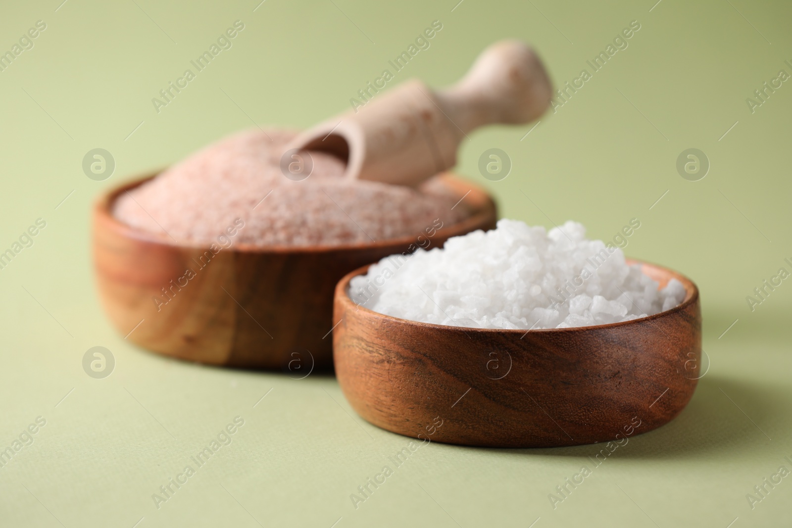 Photo of Different salt in bowls and scoop on green background