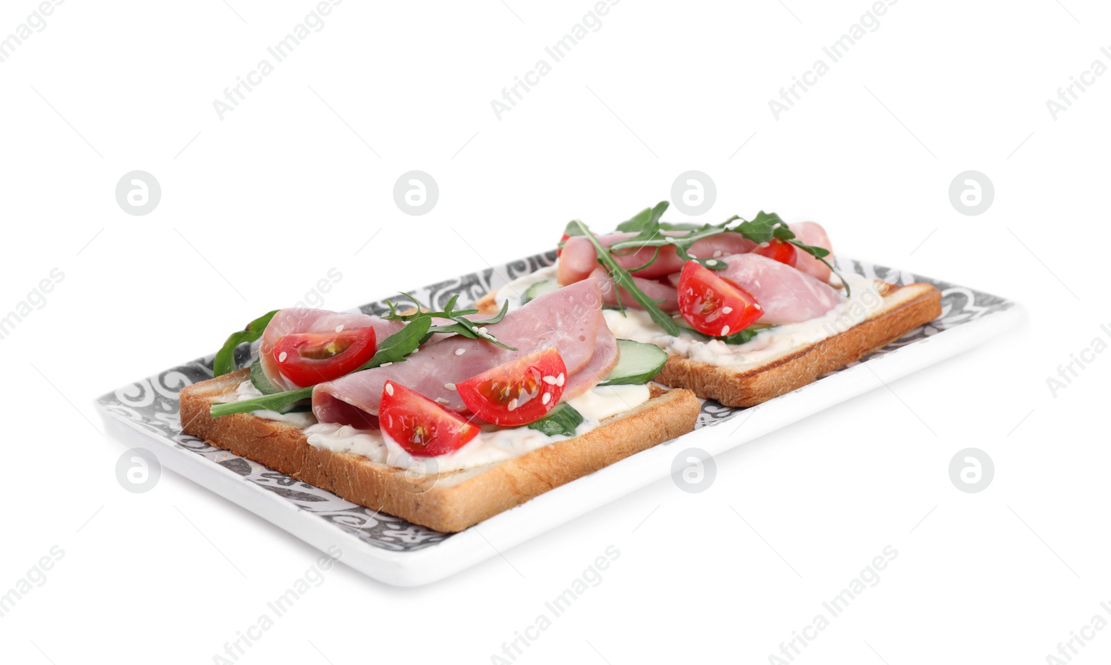 Photo of Tasty sandwiches with ham isolated on white