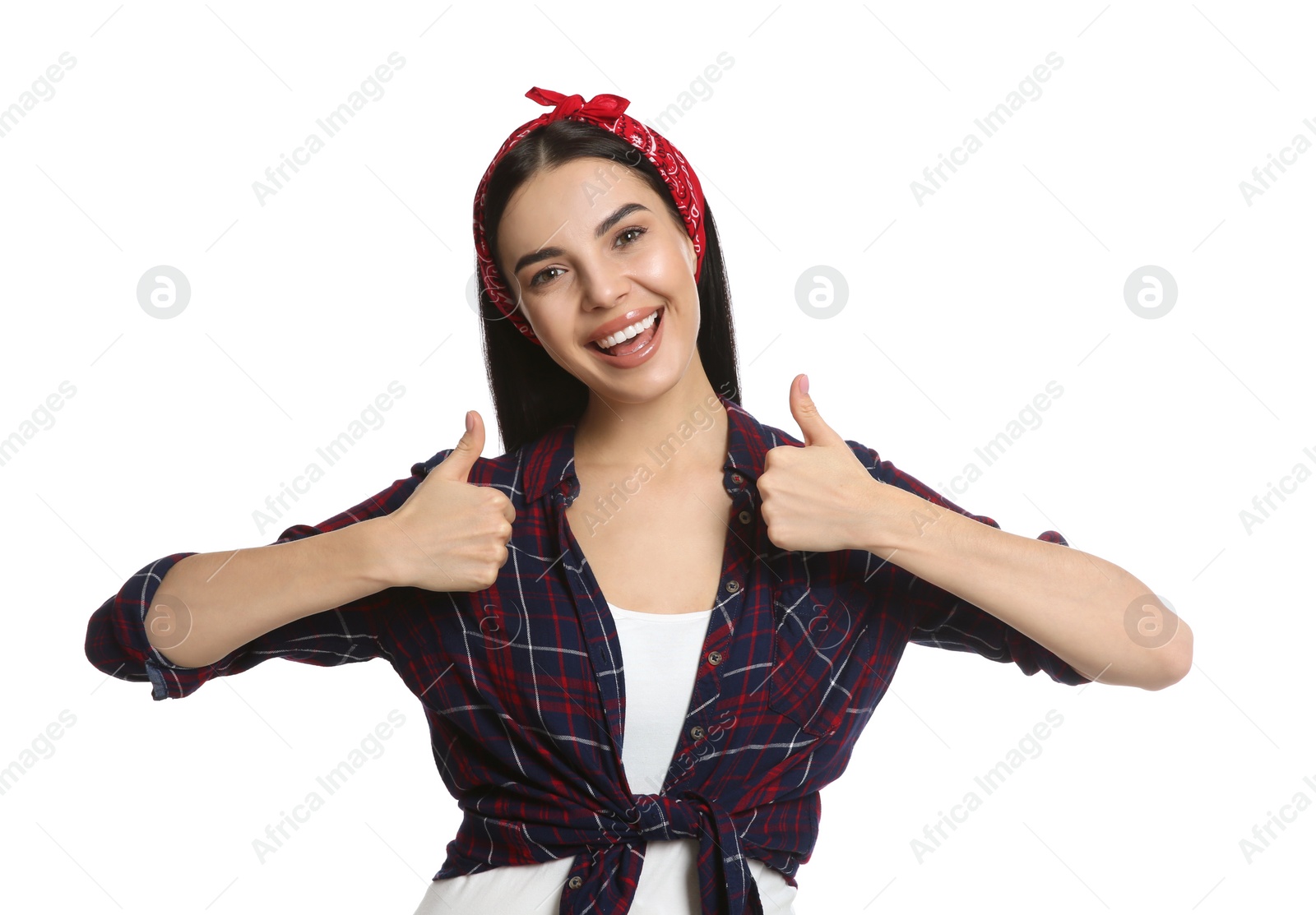 Photo of Fashionable young woman in stylish outfit with bandana on white background