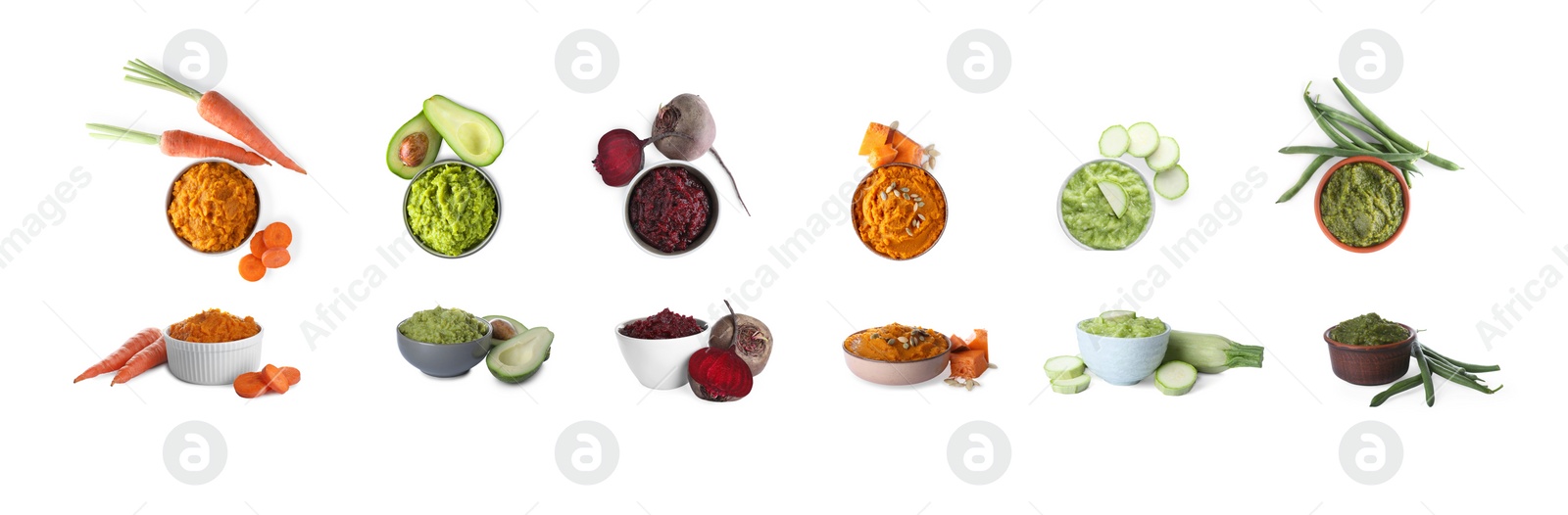 Image of Set with different tasty vegetable puree on white background. Banner design