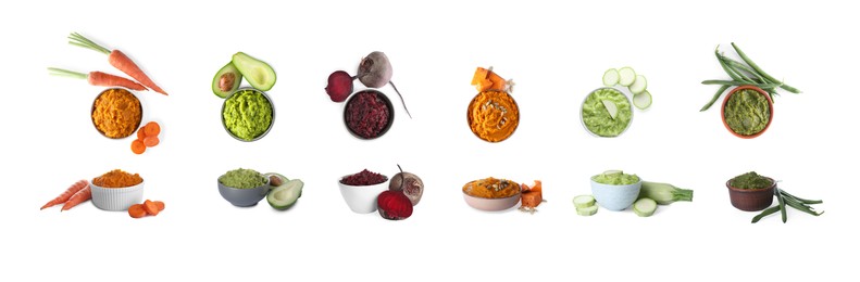 Set with different tasty vegetable puree on white background. Banner design