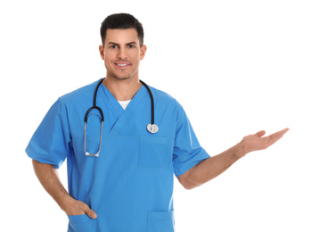 Photo of Portrait of doctor with stethoscope on white background