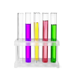 Test tubes with colorful liquids in stand isolated on white