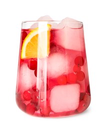 Tasty cranberry cocktail with ice cubes and orange in glass isolated on white