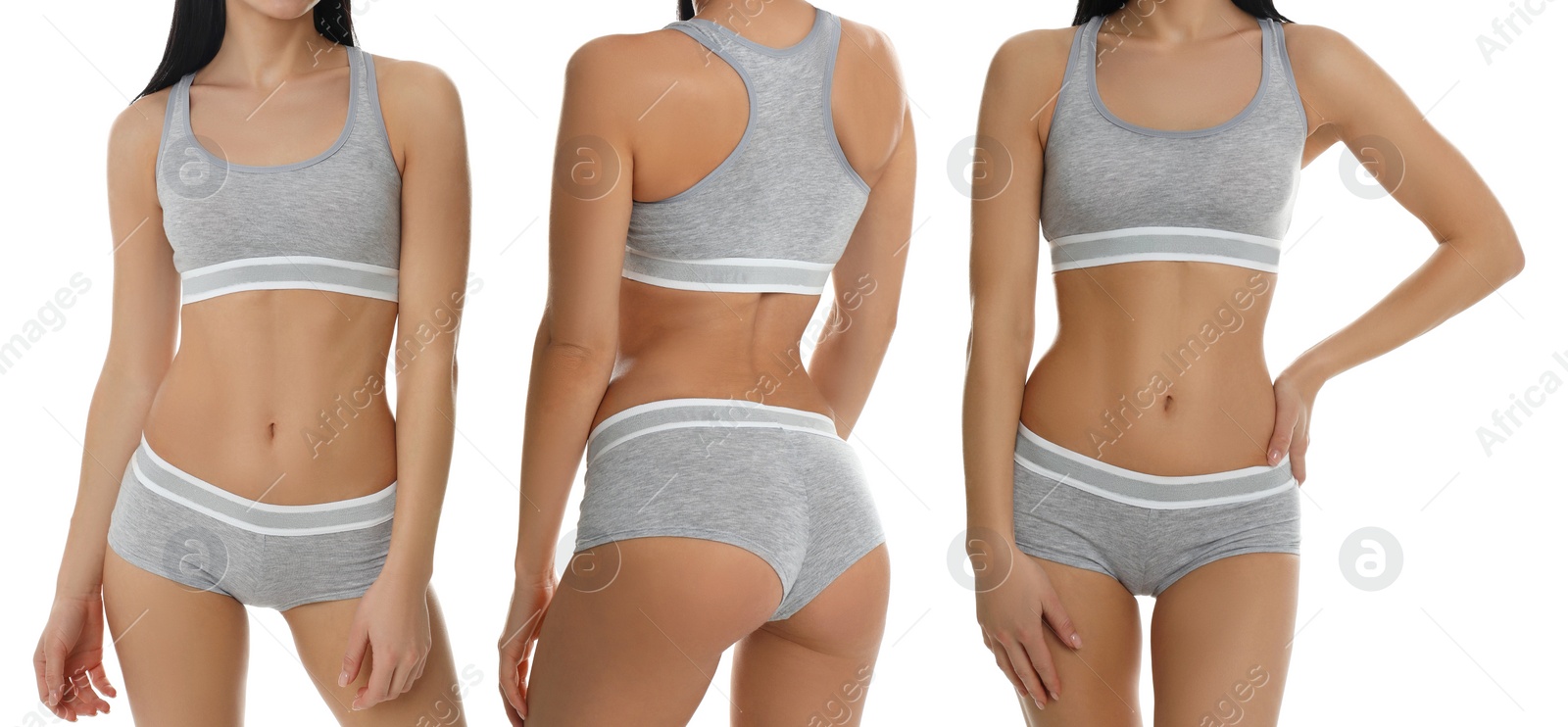 Image of Collage with photos of woman wearing grey underwear on white background. Banner design