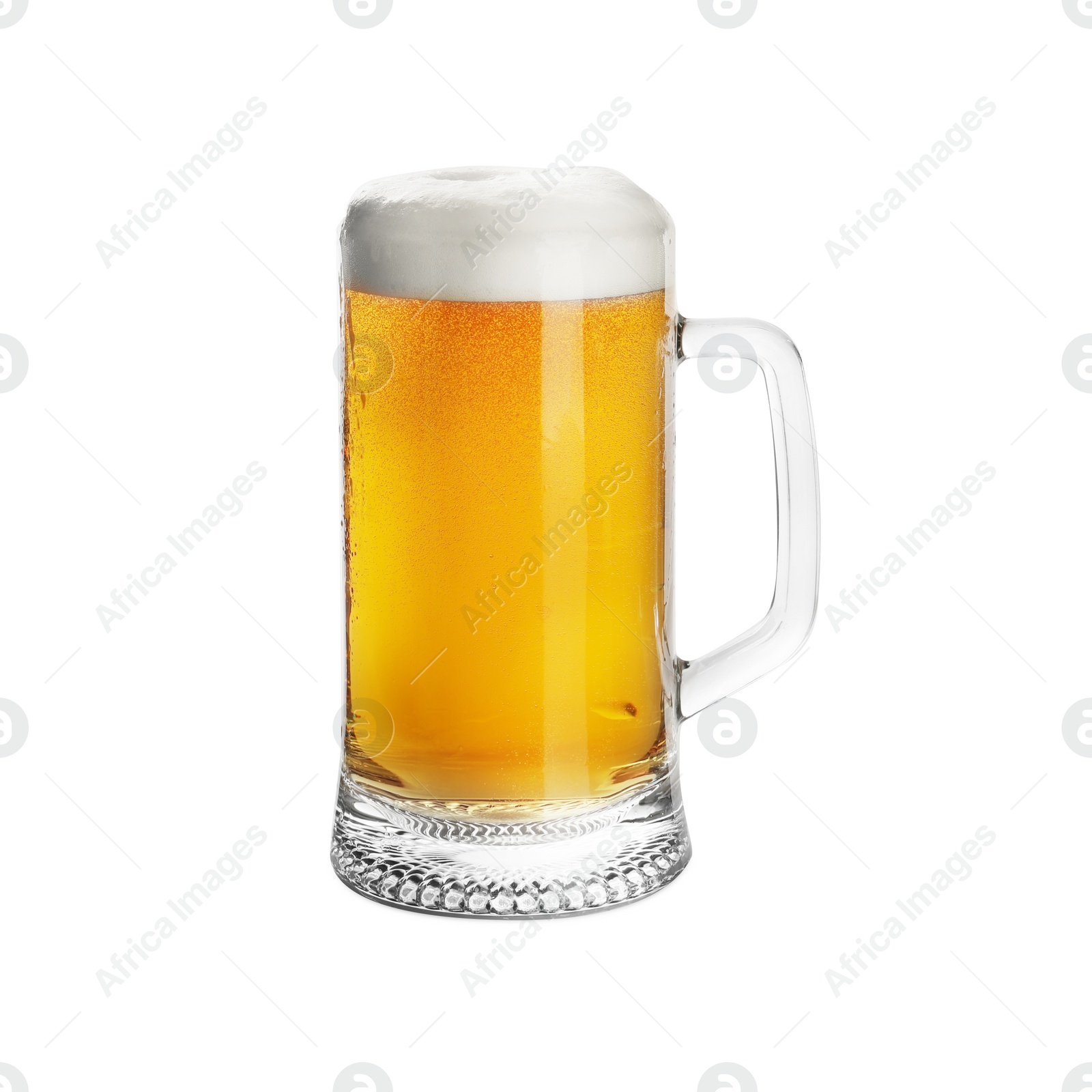 Photo of Glass mug of tasty light beer on white background