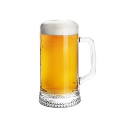 Photo of Glass mug of tasty light beer on white background