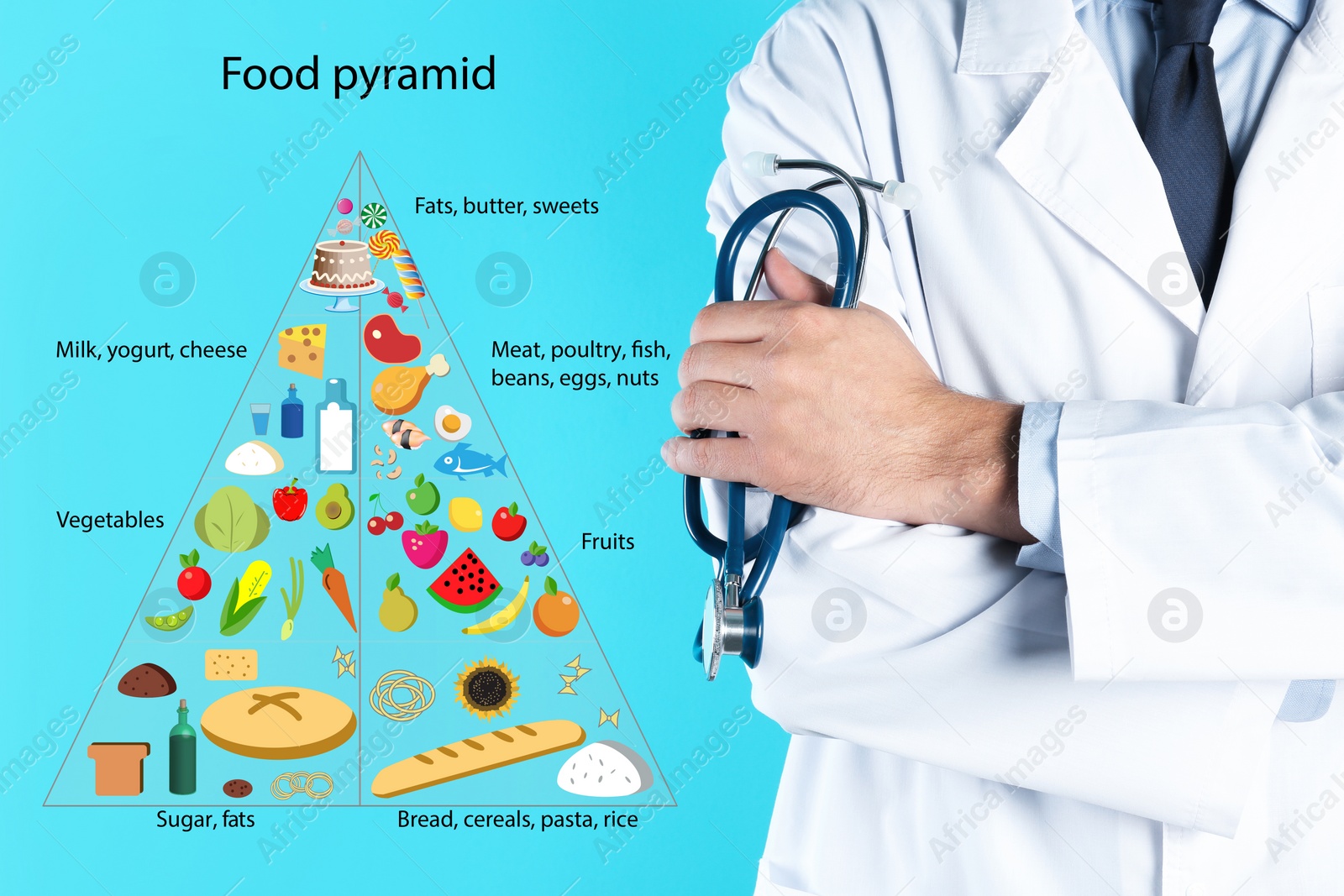 Image of Nutritionist and food pyramid on light blue background, closeup